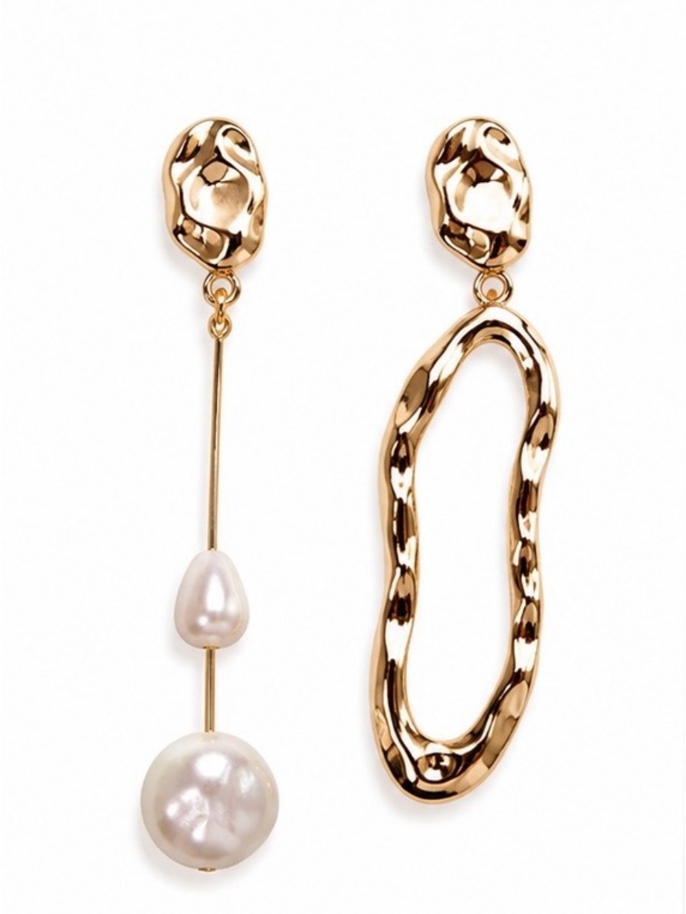 Gold Hammered Asymmetric Drop Earrings with White Pearls
